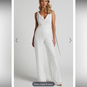 Malisha Cowl Neck Backless Jumpsuit White Sequin Size 6